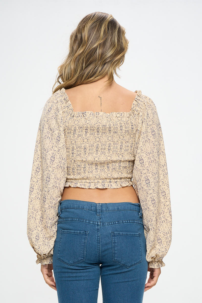 PRINTED CINCH FRONT LONG SLEEVE CROPPED BLOUSE