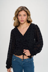 V-NECK CINCHED TEXTURED DOT BLOUSE