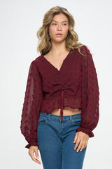 V-NECK CINCHED TEXTURED DOT BLOUSE