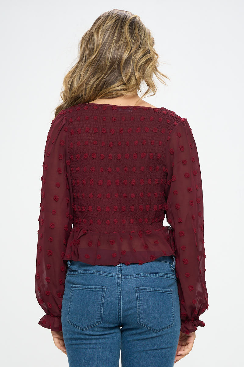 V-NECK CINCHED TEXTURED DOT BLOUSE