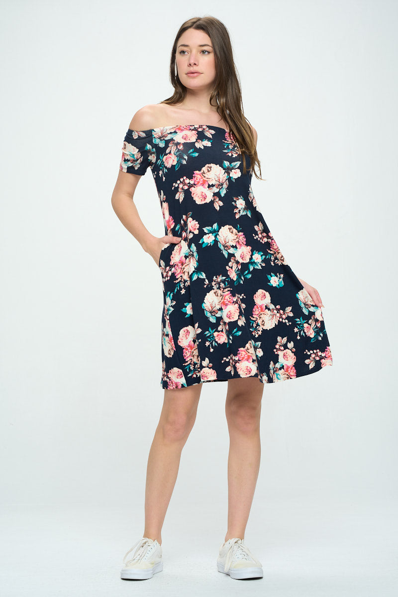 KNIT FLORAL OFF SHOULDER DRESS WITH POCKETS