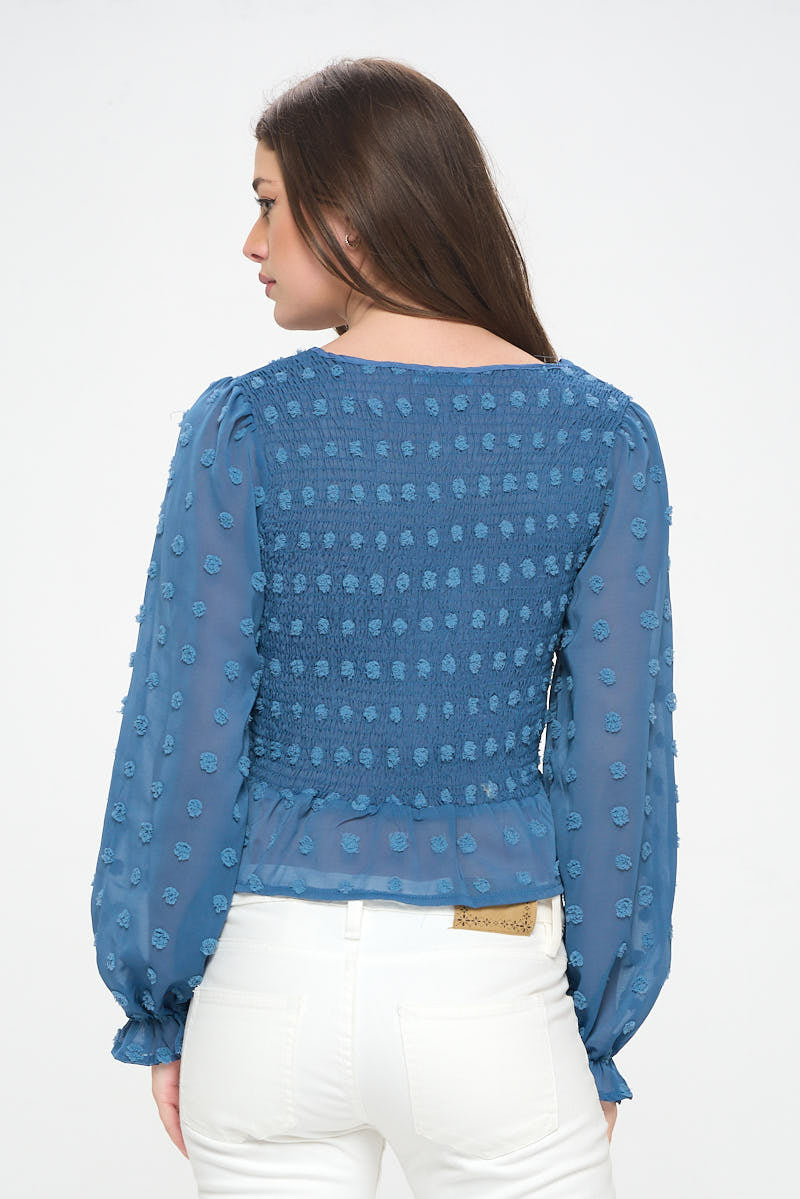 V-NECK CINCHED TEXTURED DOT BLOUSE