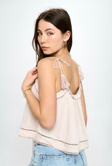 GAUZE TIE SHOULDER CAMI WITH TASSEL STRAPS