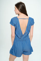 CHAMBRAY STRIPE SURPLICE ROMPER