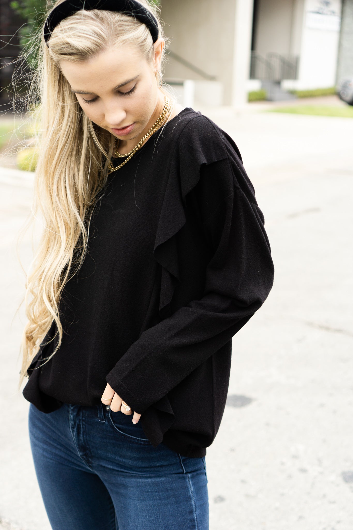 RUFFLE FRONT LONG SLEEVE SWEATER