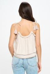 GAUZE TIE SHOULDER CAMI WITH TASSEL STRAPS