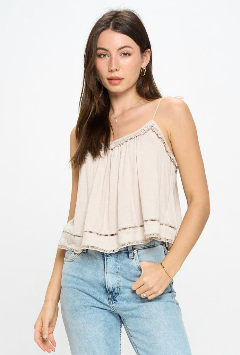 GAUZE TIE SHOULDER CAMI WITH TASSEL STRAPS