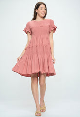 SHORT SLEEVE COTTON POPLIN TIERED DRESS WITH TIE BACK