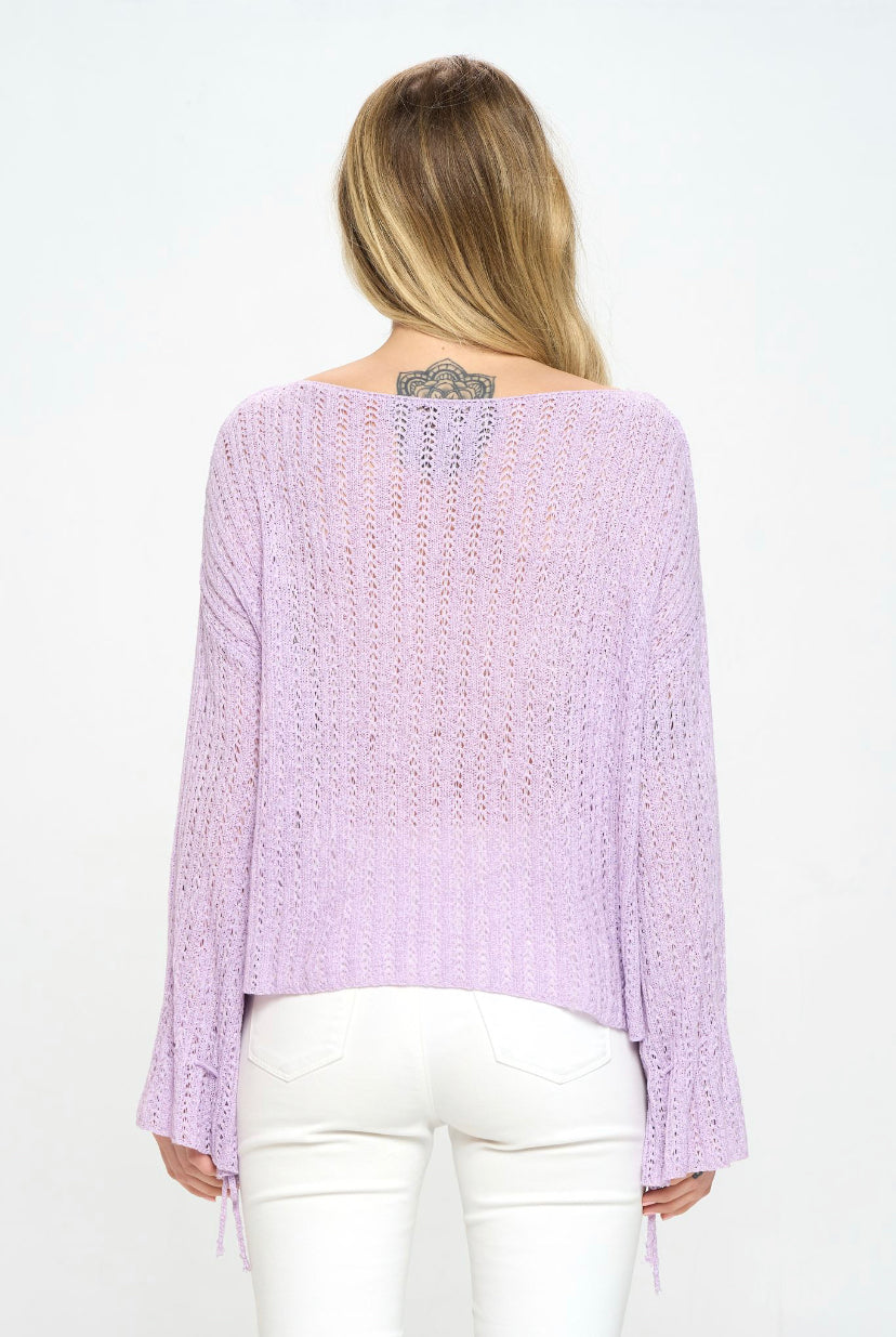 OPEN WEAVE TIE SLEEVE CROCHET SWEATER