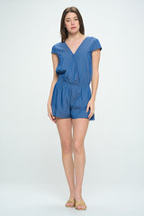 CHAMBRAY STRIPE SURPLICE ROMPER