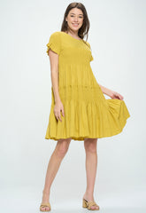 SHORT SLEEVE COTTON POPLIN TIERED DRESS WITH TIE BACK