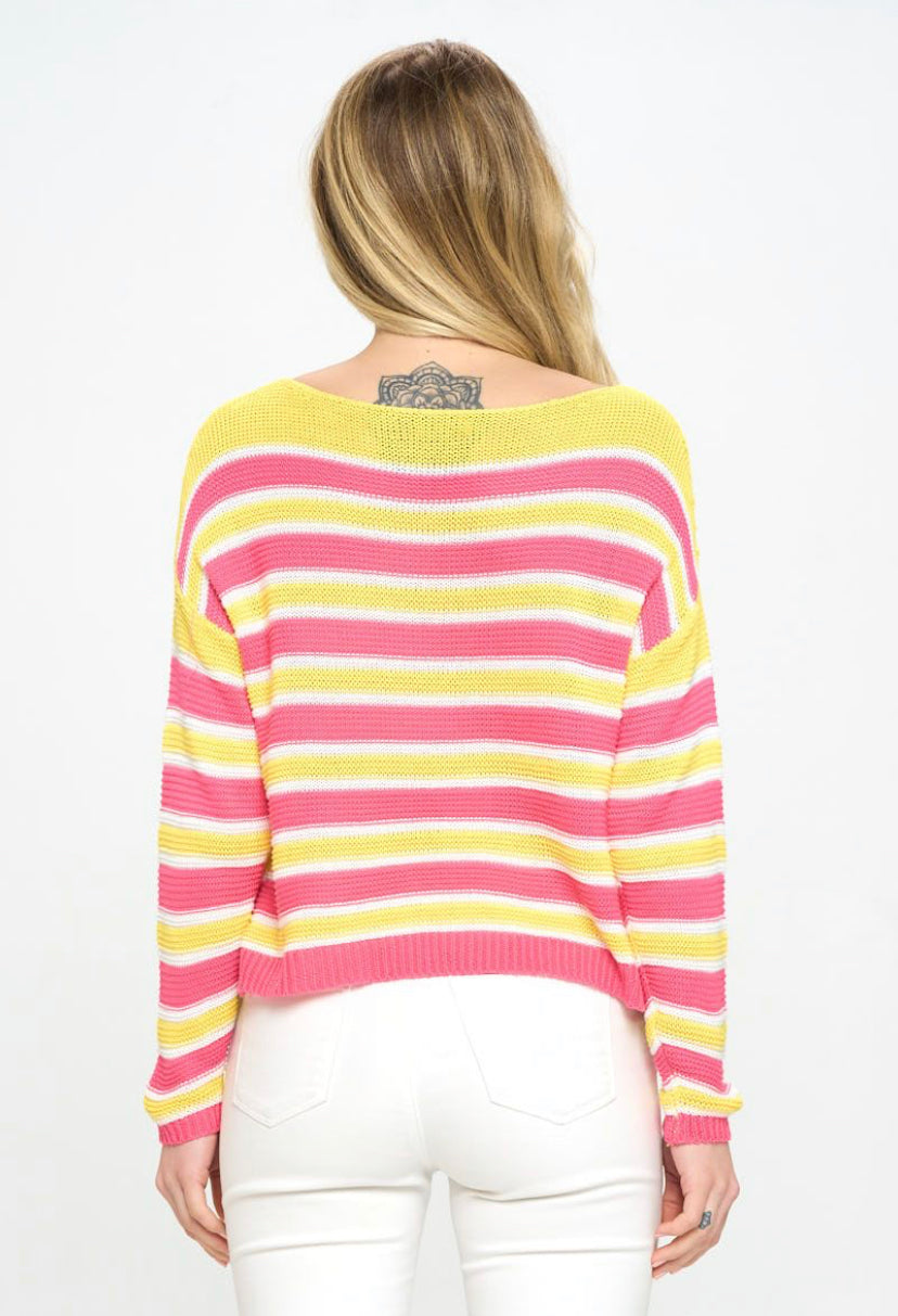 CROCHET LIGHTWEIGHT PINK AND YELLOW STRIPED SWEATER